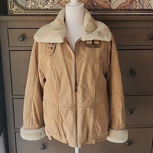 WILSONS LEATHER SAUDE  WOMENS BOMBER JACKET FUR LINED FUR COLLAR SIZE LARGE